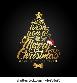 merry christmas and happy new year typography, santa’s hat, stars and ribbons decoration for flyers, poster, web, banner, and card vector illustration