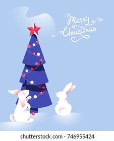 Merry Christmas and Happy New Year vector background with cute bunnies and christmas tree. Winter cartoon illustration