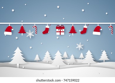 Merry Christmas and Happy New Year , winter landscape with ornaments hanging , paper art style