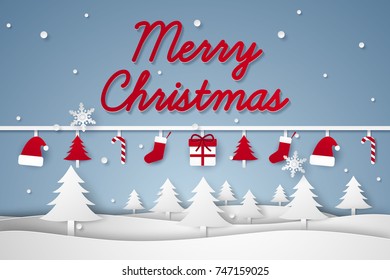 Merry Christmas and Happy New Year , winter landscape with ornaments hanging , paper art style
