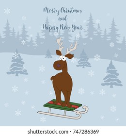 Merry Christmas and Happy New Year. Cartoon greeting card with deer on sleigh on the background of a forest, fir-trees, snowflakes. Cute illustration for a postcard, poster,  banner.