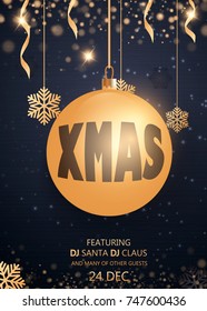 Merry Christmas and Happy New Year 2018. Invitation to a party. Gold and black colors. Place for text Christmas decorations, star balls. Leaflet brochure. Vector illustration