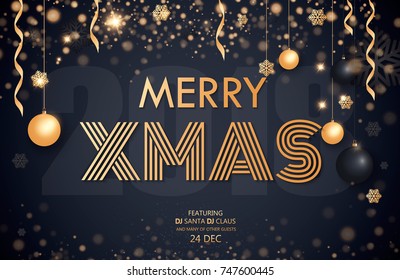 Merry Christmas and Happy New Year 2018. Invitation to a party. Gold and black colors. Place for text Christmas decorations, star balls. Leaflet brochure. Vector illustration