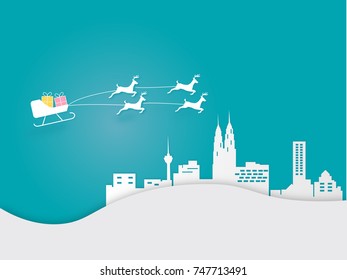 Merry Christmas and Happy New Year. Illustration of reindeer on the sky at town. Paper art and craft style.