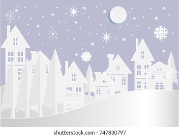 Merry Christmas and Happy New Year. Winter Snow Countryside Landscape City Village with full moon,paper art and craft style.