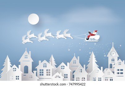 Merry Christmas and Happy New Year. Illustration of Santa Claus on the sky coming to City ,paper art and digital craft style