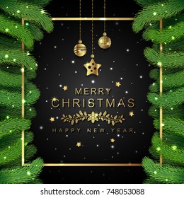 merry christmas and happy new year christmas tree, golden glitter balls, hanging stars, ribbons and snow decoration for flyers, poster, web, banner, and card vector illustration