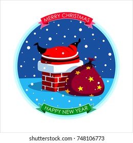 Merry Christmas and Happy New Year 2019 with. Greeting card with snowflakes and funny Santa Claus. Santa stuck in the chimney. Cartoon flat style. Vector illustration.