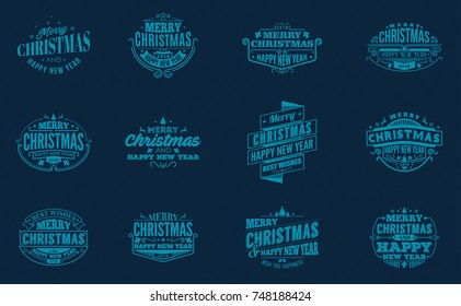 Merry Christmas and Happy New Year 2018 Badge Design Flat Vector set with Retro Style Creative Isolated Ornamental Monochrome Elements and Illustrations on Dark Background, 
