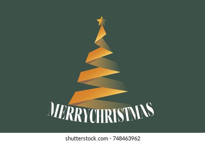 Merry christmas and happy new year Gold xmas pine tree on green background. Stylized ribbon Christmas tree with yellow star. Merry christmas card.Vector, illustration.