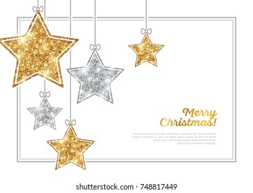 Merry Christmas and Happy New Year Banner with Frame. Glitter Background with Silver and Gold Hanging Stars. Vector illustration. Sequins Pattern. Glowing Invitation Template.