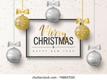 Merry Christmas and Happy New Year background for holiday greeting card, invitation, party flyer, poster, banner. Silver, gold, shiny tree balls with bows. Vector illustration