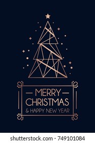 Merry Christmas And Happy New Year Rose Gold Greeting Card. Minimalistic Christmas Card On Navy Blue Background. Linear Christmas Tree With Stars And Snowflakes. Vector Illustration