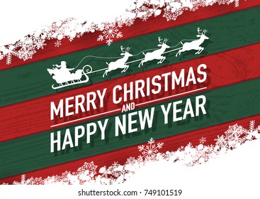 Merry christmas and happy new year text with santa claus vector greeting card and poster design snow flakes on red-green wood textured.Eps10.