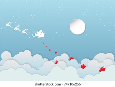 Merry Christmas and Happy New Year 2018. Illustration of Santa Claus with deer give a gift on the cloud.