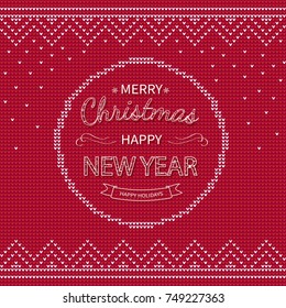 Merry Christmas and Happy New Year Greeting red knitted Background. Xmas logo lettering in a circle with borders. Winter Holiday Sweater Design. Vector Illustration