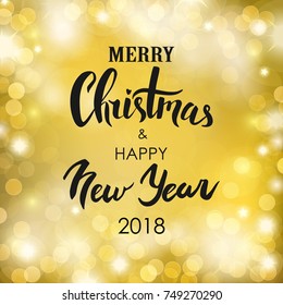 Merry Christmas & Happy New Year. Handwritten greeting card. Gold bokeh background. Vector illustration.