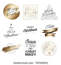 Merry Christmas & Happy New Year Typography Set with Gold