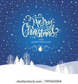 Merry Christmas and Happy New Year  typography vector design for greeting cards and poster. Merry Christmas hand lettering. Christmas  with winter landscape with snowflakes,light. Vector illustration.