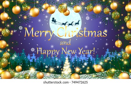 Merry Christmas and a Happy New Year on the background of the moon and the forest in the frame of fir branches and balls. Postcard or invitation to the winter theme.