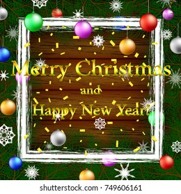 Merry Christmas and Happy New Year. Postcard or invitation to the winter theme on the background of the board.