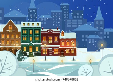 Merry Christmas and Happy New Year snowy city Background with Winter City Landscape. cozy house and trees. Christmas eve in old town.
Christmas greeting card background poster. Vector illustration.

