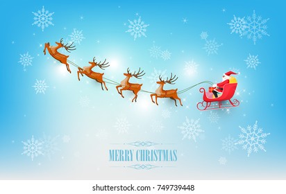 Merry Christmas and Happy New Year, Santa Claus drives sleigh with reindeer on snowflake background, flat cartoon style, vector illustration