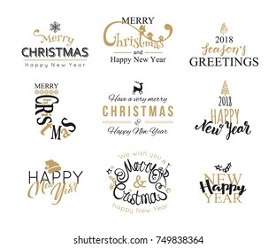 Merry Christmas And Happy New Year Lettering Typography Set. Holiday Text Design For Banner, Poster, Greeting Card, Brochure. Vector Illustration Eps 10 Format.