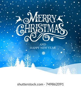 Merry Christmas and Happy New Year  typography vector design for greeting cards and poster. Merry Christmas hand lettering. Christmas  with winter landscape with snowflakes,light. Vector illustration.