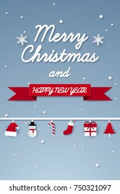 Merry Christmas and Happy New Year , winter with ornaments hanging , paper art style