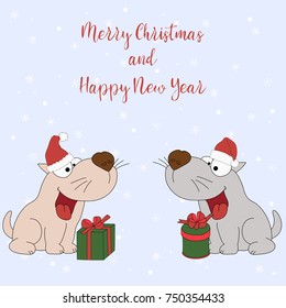 Merry Christmas and Happy New Year. Cartoon greeting card with two puppies with gifts on the background snowflakes. Cute illustration for a postcard, poster,  banner.