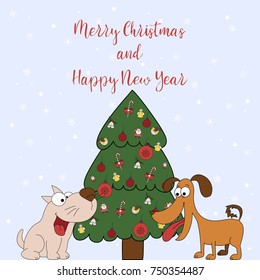 Merry Christmas and Happy New Year. Cartoon greeting card with two puppies near the Christmas trees on the background snowflakes. Cute illustration for a postcard, poster,  banner.