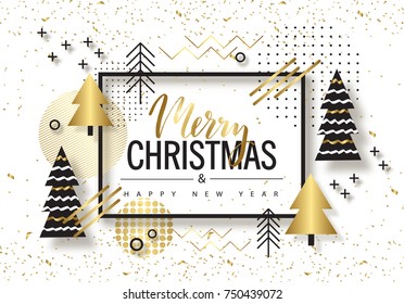 Merry Christmas and Happy New Year. Trendy background with Golden trees and geometric designs . Poster, card, label, banner design. Vector illustration.