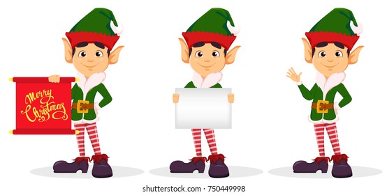 Merry Christmas and Happy New Year. Elf, set of three poses. Happy smiling cartoon character. Vector illustration on white background