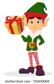 Merry Christmas and Happy New Year. Elf holding yellow gift box. Happy smiling cartoon character. Vector illustration on white background