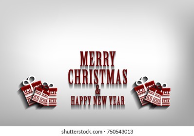 Merry Christmas and Happy New Year greeting card with gift boxes. Vector background