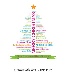 Merry Christmas and Happy New Year in different languages in the shape of Christmas three, celebration word tag cloud greeting card, vector art