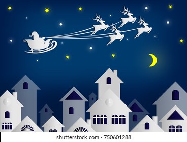 Merry Christmas and Happy New Year vector and Illustration Santa Claus Reindeer on the sky coming Moonlight to village of City ,paper cut art 3D