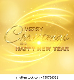 Merry Christmas and Happy New Year greeting card with light, colored text Design on gold background. Vector Illustration.
