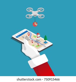 Merry Christmas and happy new year, Concept mobile in hand Santa Claus, Gift delivery by drone flat isometric illustration.