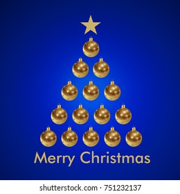 Merry Christmas and a Happy New Year. Stylized festive Christmas tree made of realistic gold glass balls with a pattern of stars on blue background.