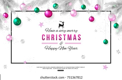 Merry Christmas And Happy New Year Background Decoration Silver Branch And Hanging Pink And Green Balls, Stars And Snowflakes, Vector Illustration.