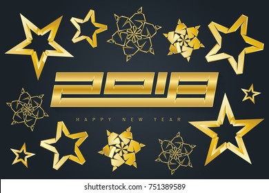 Merry Christmas and Happy New Year - greeting card with gold stars, snowflakes and inscription 2018
