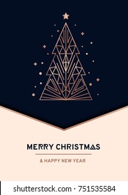 Merry Christmas and Happy New Year rose gold greeting card. Minimalistic christmas card on navy blue background. Linear Christmas tree with stars and snowflakes. Vector illustration