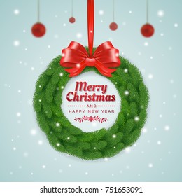 merry christmas and happy new year greeting typography, christmas tree with wreath, glitter balls, ribbons, and snow decoration for flyers, poster, web, banner, and card vector illustration