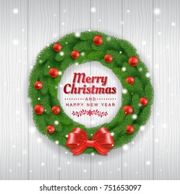 merry christmas and happy new year greeting typography, christmas tree with wreath, glitter balls, ribbons, and snow decoration for flyers, poster, web, banner, and card vector illustration