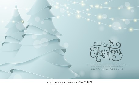 Merry Christmas and Happy New Year sale banner background with paper art and craft style.Glowing lights for Xmas Holiday.Calligraphy.Vector illustration template.greeting cards.