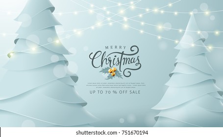 Merry Christmas and Happy New Year sale banner background with paper art and craft style.Glowing lights for Xmas Holiday.Calligraphy.Vector illustration template.greeting cards.