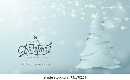 Merry Christmas and Happy New Year sale banner background with paper art and craft style.Glowing lights for Xmas Holiday.Calligraphy.Vector illustration template.greeting cards.