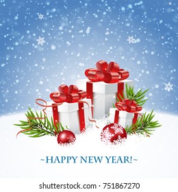 Merry Christmas and Happy New Year Card with gift box. Vector illustration.